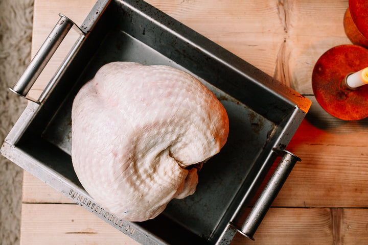 Raw turkey in a roasting tray